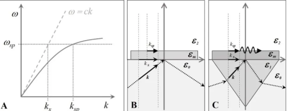 2. ábra: A fény (szaggatott vonal) és a felületi plazmonok diszperziós görbéjét (A)  szemléltető elvi grafikon valamit a foton és a felületi plazmon csatolás illusztrációja, 
