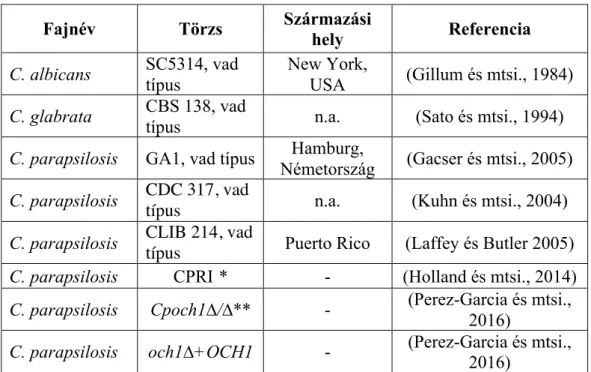 A munkánk során felhasznált Candida törzseket az 1. és 2. táblázat tartalmazza.  