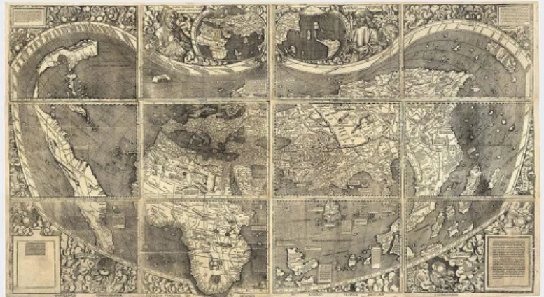 3. kép: Waldseemüller világtérképe Amerika ábrázolásával (1507) 