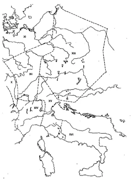 2. ábra: A Felső-Alemann tartomány monostorai a középkorban (XIII.) 