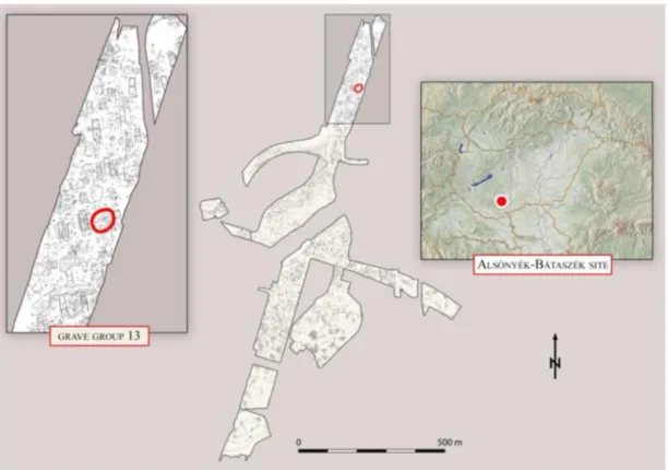 9. ábra: Áttekintő térkép az Alsónyék-Bátaszék neolit lelőhelykomplexumról. A 13-as sírcsoport  piros körrel jelölve (Pósa et al, 2015b)