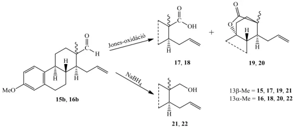 8. ábra D-Szekokarbonsavak (17, 18) és -alkoholok (21, 22) előállítása a 3-metiléter sorban 