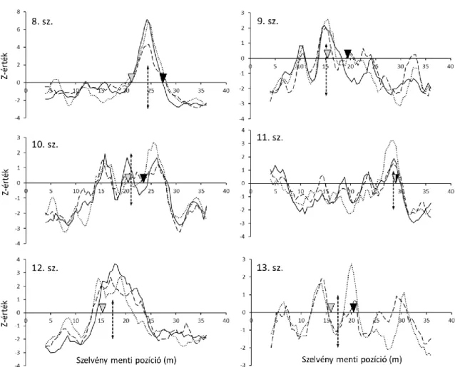 16. ábra A 8–13. szelvény SMW profilja. Folytonos vonal: 2013, szaggatott vonal: 2014,  pontozott vonal: 2015, szaggatott nyíl: a disszimilaritási csúcsok (ökotonpozíciók) 3 évre  átlagolt  pozíciója,  fekete  háromszögek:  talajhatárok,  szürke  háromszög