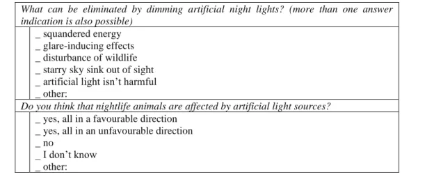Table 4. Questions about effects of light pollution and optional alternatives 