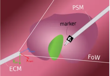 Fig. 2. The setup of the irob-saf with visual servoing: The eye-in-hand visual servoing can be executed if the PSMs (detected with markers) are in the field-of-view (FoW) of the ECM.
