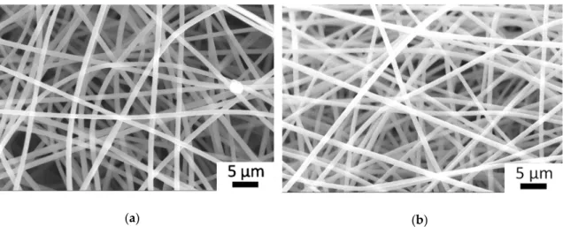 Figure 2. SEM image of electrospun allylamine-modified polysuccinimide fiber mat (PSI-AAm) (a)  and the same after plasma treatment (PSI-AAmp) (b)