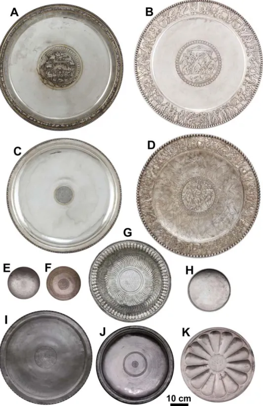 1. ábra: A vizsgált ezüsttálak a Magyar Nemzeti Múzeum gyűjteményéből. 1A: Seuso-tál; 1B: Akhilleusz-tál; 