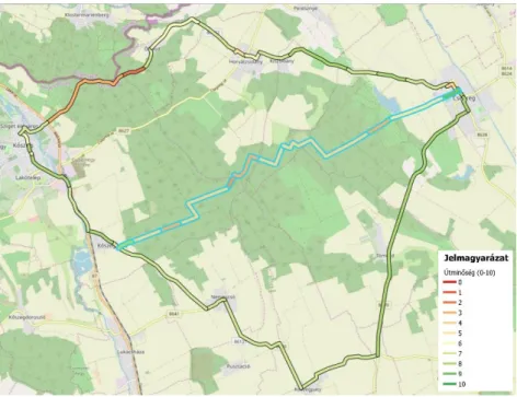 2. ábra: Erdészeti utakon vezető alternatíva a Csepreg és Kőszeg között korábban kiválasztott, jórészt országúton vezető  túraútvonalakra (forrás: saját szerkesztés) 