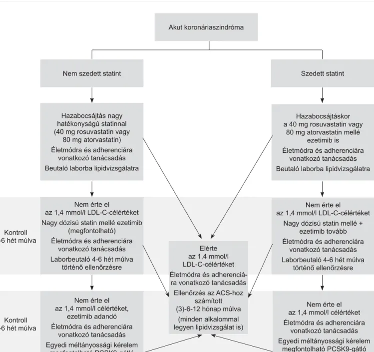 2. ÁBRA. Ajánlásunk az akut koronáriaszindrómán átesett betegek lipidcsökkentő ellenőrzésének megtervezéséhez