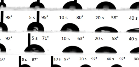 Figure 4. Water droplets on different surfaces: advancing contact angles at the  indicated time after droplet formation (a: native chitosan, b: chitosan, silylated with 