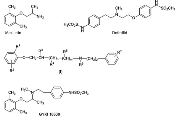6. ábra A mexiletin (Ib antiaritmikum) és a dofetilid (III. antiaritmikum) ’összeolvasztásával’ képzett (I) általános képletű vegyületek és a GYKI 16638 Ib és  III