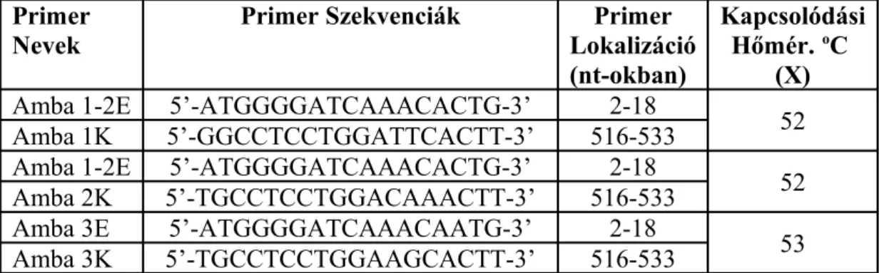 3. táblázat: A PrimerSelect programmal tervezett primerek, melyek az Amb a I gén  három variánsának első felén lokalizáltak.