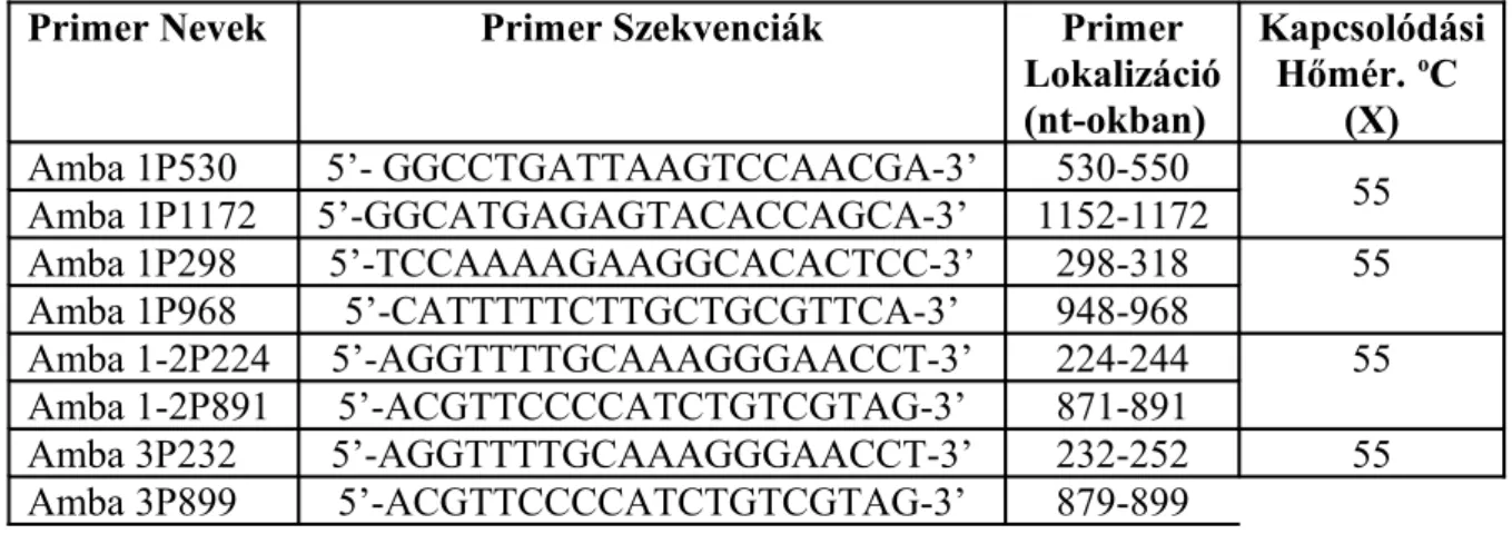 4. táblázat: A primer3 programmal az Amb a I.1, Amb a I.2 és Amb a I.3 génekből   specifikus termékek amplifikációjára tervezett primerek.