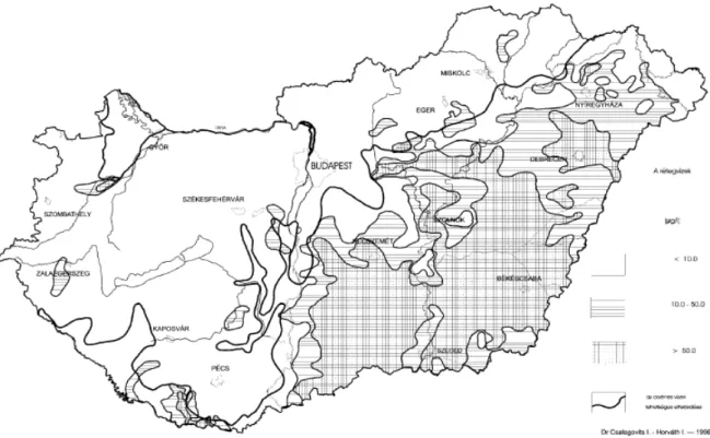 5. ábra. A vizsgált településeken mért arzéntartalom és az 50 m-nél vastagabb negyedidıszaki  üledékek elterjedése (CSALAGOVITS, 1999) 