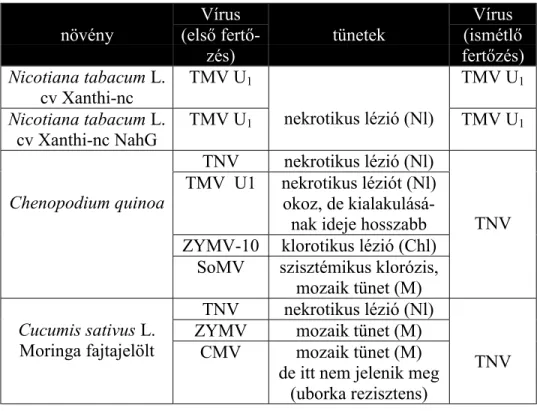 3. táblázat Az egyes növényeken végzett kísérletek beállításai. növény Vírus (első  fertő-zés) tünetek Vírus (ismétlő fertőzés) Nicotiana tabacum L