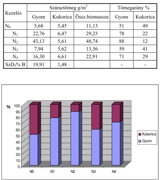 13. táblázat  A kukorica és a gyomok száraz tömege a szántás művelésben (2007.05.22.) 