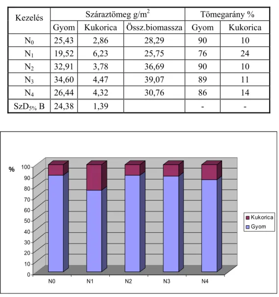 14. táblázat    A kukorica és a gyomok száraz tömege a tárcsás művelésben (2007.05.22) 