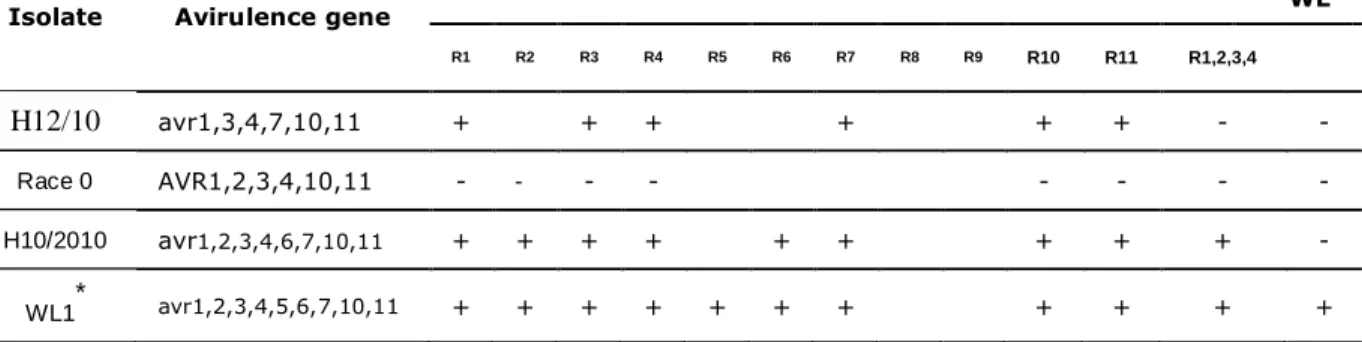 Table 7. Reaction of the Mastenbroek R lines and White Lady (WL) to different P. 