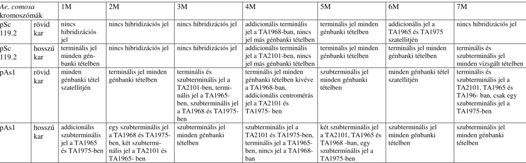 8. táblázat: A különböz  Aegilops comosa vonalak fluoreszcens in situ hibridizációs mintázatának összehasonlítása pSc119.2 és pAs1 repetitív DNS klónok segítségével  Ae
