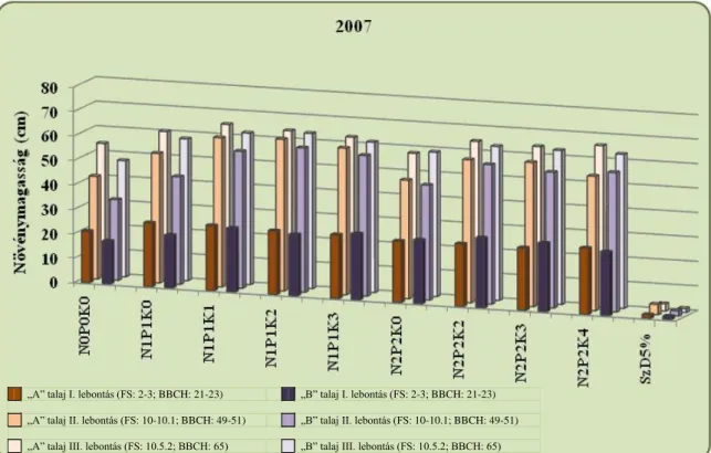 9. ábra A növénymagasság alakulása a vizsgált fejlődési stádiumokban talajtípusonként  a 2007-es évben 