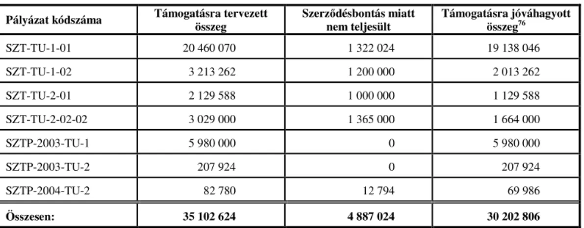 5. táblázat: Széchenyi Terv támogatási összege  (adatok e Ft-ban) Pályázat kódszáma  Támogatásra tervezett 