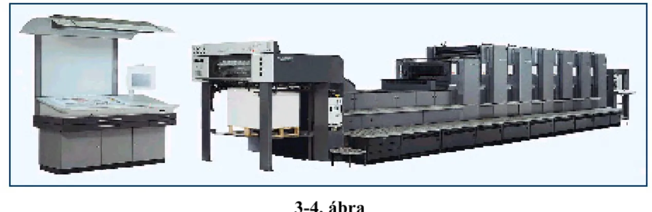 A  3-4. ábra egy 2000-ben gyártott, elsősorban csomagoló anyag nyomtatására  kifejlesztett, nyomatszárítóval és lakkozóművel ellátott Heidelberg Speedmaster CD  102-6+L 6 szines íves ofszet nyomógépet mutat