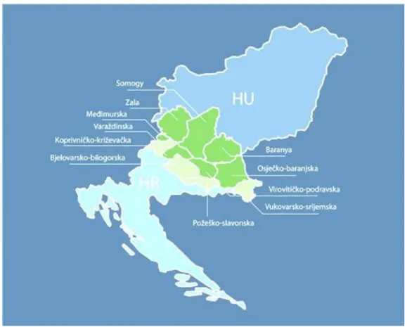 19. ábra: A Magyarország-Horvátország IPA Határon Átnyúló Együttműködési  Program 2007-2013 területe 