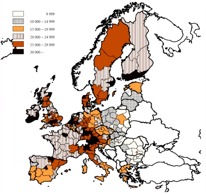 23. ábra: Az 1 f ı re jutó GDP (vásárlóer ı -paritáson) Európa NUTS II régióiban, 2006 