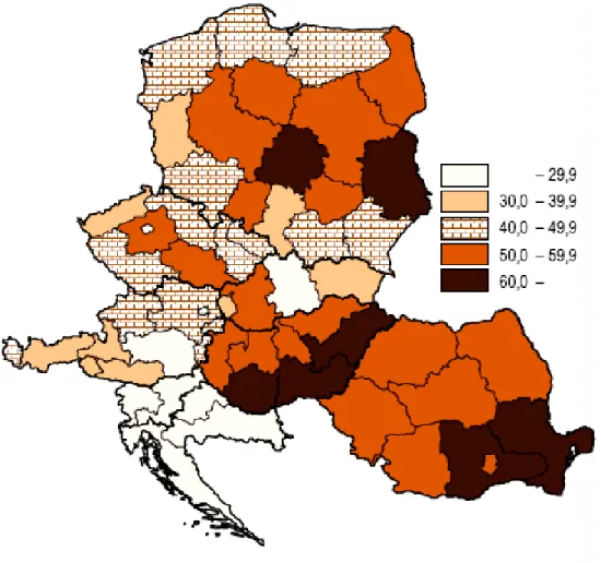 24. ábra: A mez ı gazdasági terület aránya Közép-Európa régióiban, 2007 (%) 