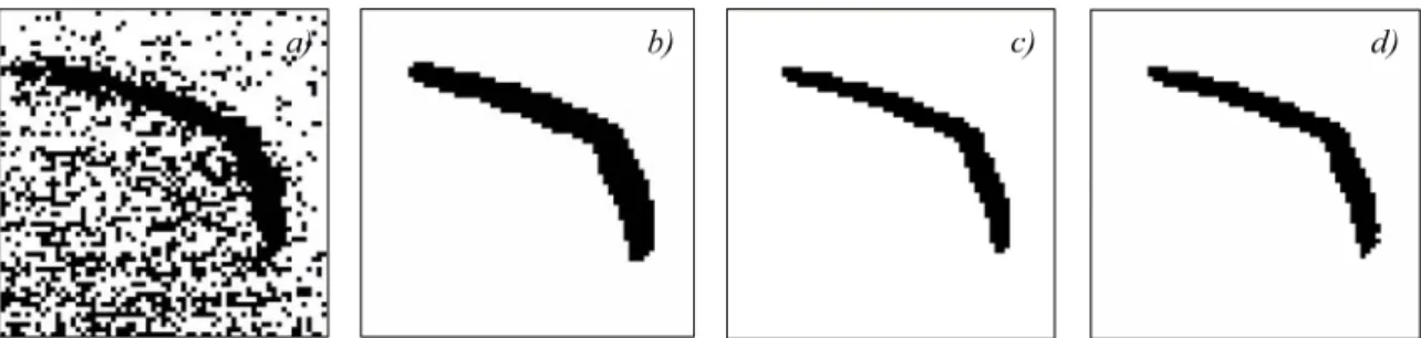 Fig. 19. Thresholded images: a) original; b) Gaussian smoothed, c) initial diffusivities are on the  increasing curve and d) on the decreasing curve 