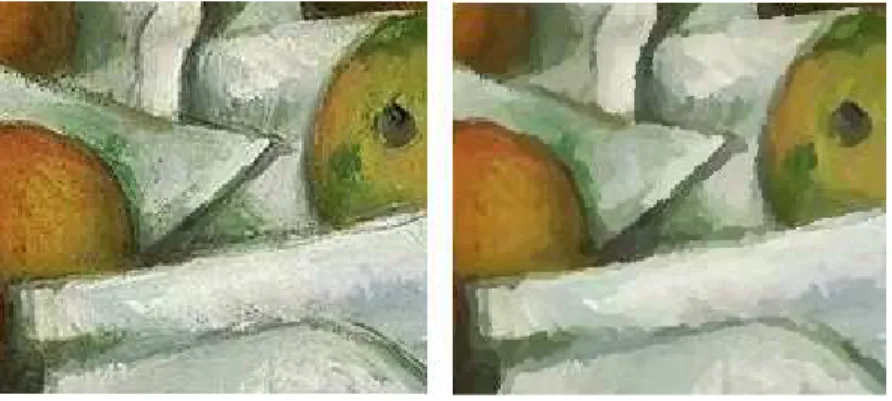 Figure 2.21: JPEG coded oil painting segment (left) and the JPEG recoded with Paintbrush rendering (right) - showing the ability to mimic stroke styles and noise ltering eects.