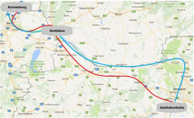 Figure 2.1: Locations of three cities in the example and the routes of the two dierent means of transport: the path of barges (blue line) and the track of rail cargo (red line) [https://www.google.hu/maps/]