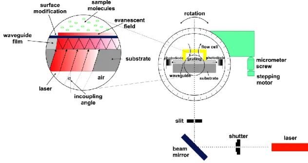 Figure 2.2. The schematic image of the measurement configuration of the optical  waveguide lightmode spectroscopy  [64]