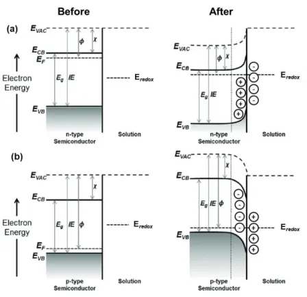Figure 3.3. Energy levels of the semiconductor/electrolyte interface for (a) n-type and (b)  p-type semiconductor before and after contact [51]