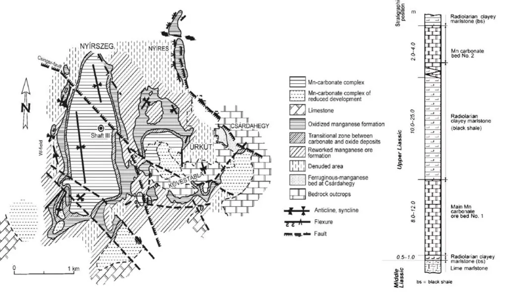 Figure 13- Idealized section and geological map of the Úrkút manganese mineralization