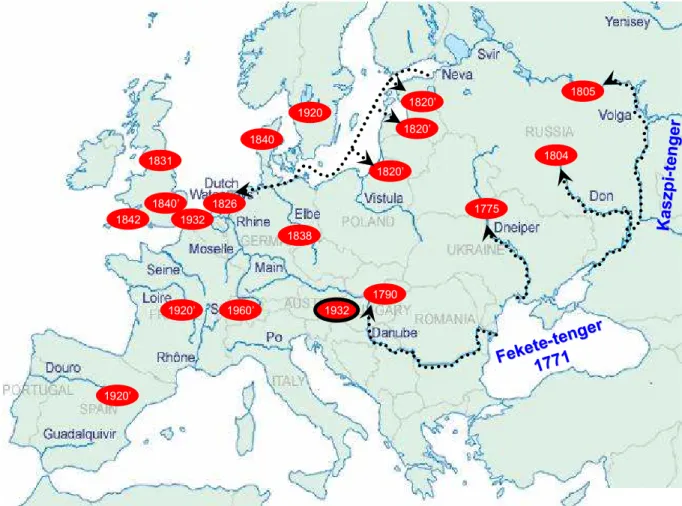 1. térkép. A vándorkagyló inváziószerű terjedése Európában 