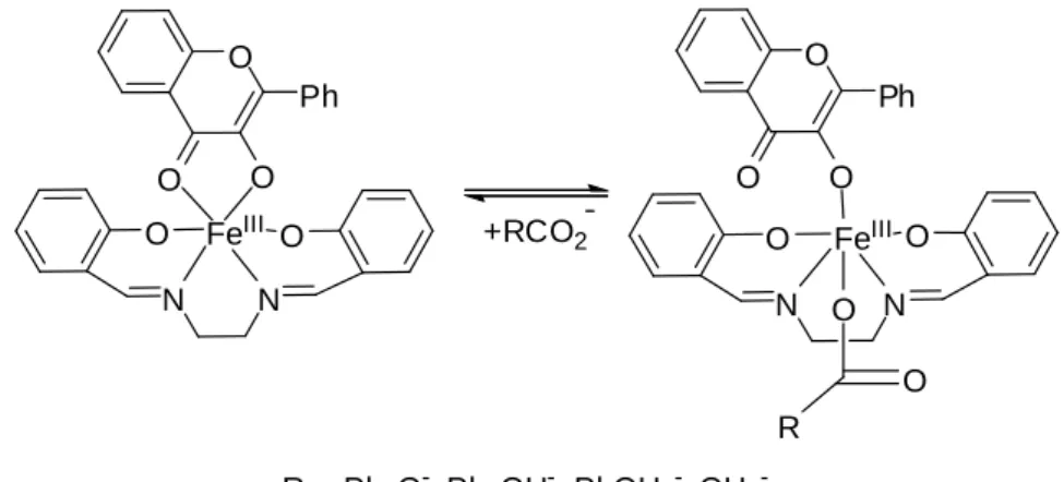 42. ábra A flavonol koordinációs módjának megváltozása trifenil-acetát   koligandum jelenlétében 