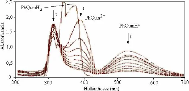 11. Ábra. A PhQuinH 2  abszorpciós spektrumának időbeli változása Bu t OK és dioxigén  jelenlétében