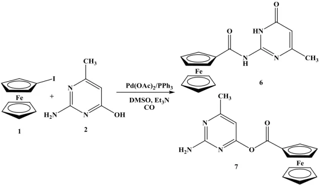 2.4. ábra: Jódferrocén és 2-amino-4-hidroxi-6-metilpirimidin karbonilezési reakciója 