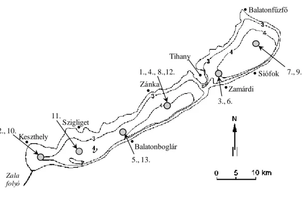 2. ábra: A párhuzamos hidroakusztikus és kopoltyúhálós halászatok mintavételi helyei (szürke körök)  és sorszámaik a 8