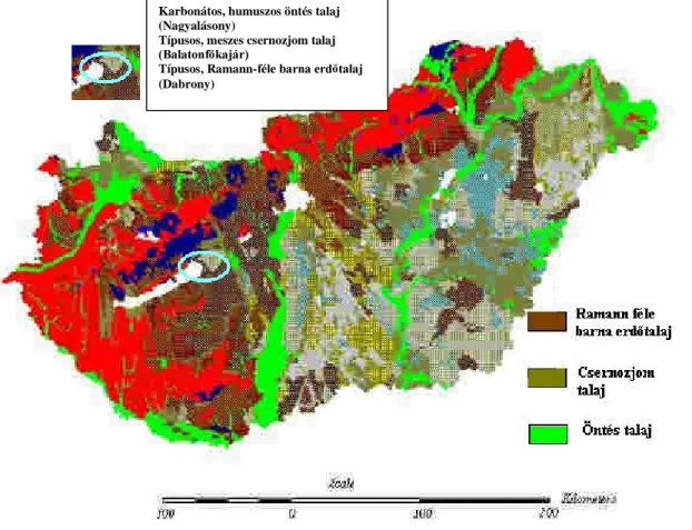6. ábra: Magyarország talajtani térképe a vizsgált talajok mintavételi helyeinek feltüntetésével  