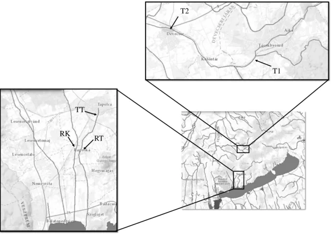 2. ábra: A Torna-patakban, a Tapolca-patakban és a Kétöles-patakban zajló kísérletek helyszínei (rövidítések: 