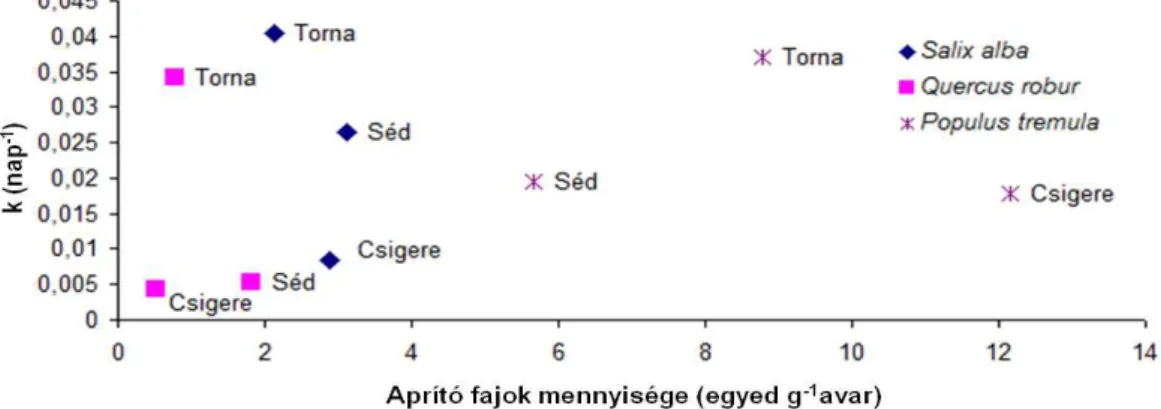 7. ábra Az aprítóegyedek átlagos mennyisége (1 g száraz avarra vonatkoztatva) és a k együttható  összefüggése) 