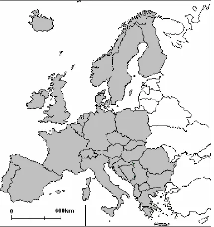 4. ábra – A dobozmodellnél figyelembe vett európai országok (szürke terület) 
