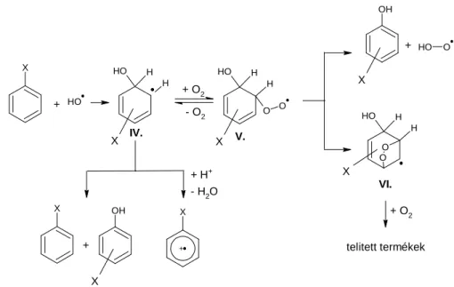 2.4. ábra. Szubsztituált benzol és hidroxilgyök reakciói, illetve a köztitermékek továbbalakulása oxigén  jelenlétében 