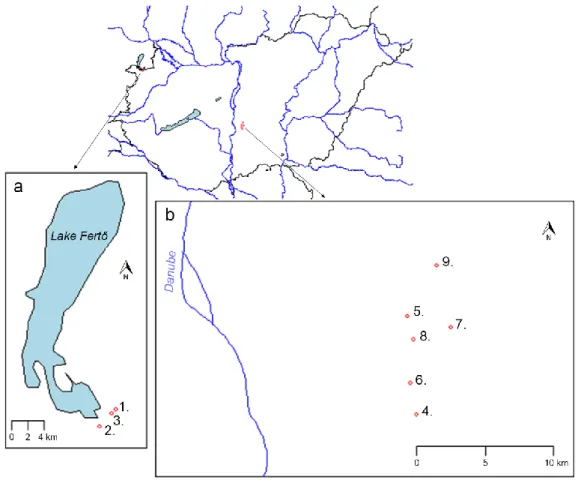 Figure 8 Sampling sites in the Fertő-Hanság region (a) and in the Danube-Tisza Interfluve (b)