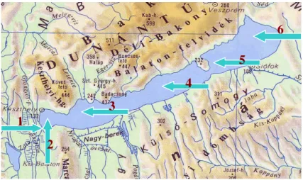 3. ábra A mintavételi helyek megjelölése, sorra a Zala folyótól a Balaton keleti medencéjéig  (1