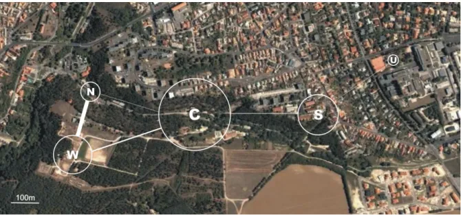 Figure  III.1.  Map  of  the  study  area.  Study  sites  are  indicated  by  the  centre  of  the  circles,  and  the  diameter  of the circles is proportional to  core-flock size (number  of ringed  house sparrows  observed  exclusively  at  that  site) 