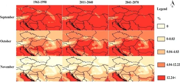 Figure  9.  The  predicted  monthly  relative  abundance  values  of  An.  maculipennis  larvae  in  Central  and  East  Europe  and  the  North  Balkan  in  September,  October  and  November  for  the  periods of 1961-1990, 2011-2040, and 2041-2070
