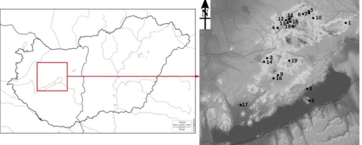 Figure  10.  The  geographical  setting  of  the  area  in  Hungary  and  of  the  studied  caves  in  the  Bakony-Balaton Region